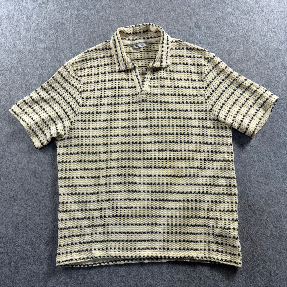 Zara Men's XL Yellow Cream Striped Polo Shirt Short Sleeve Polo Shirt